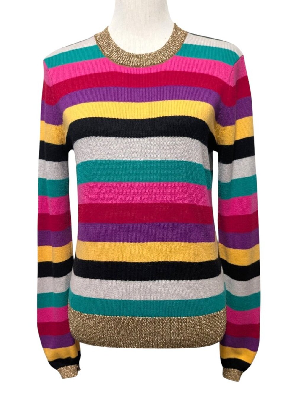 Pam & Gela Womens Sz S Multicolor Striped Gold Trim Pullover Lightweight Sweater